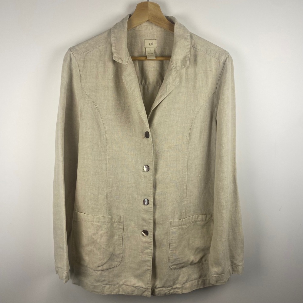 J. Jill Linen Blazer Women S Oatmeal Tie Back Button Front Coastal Grandma boho